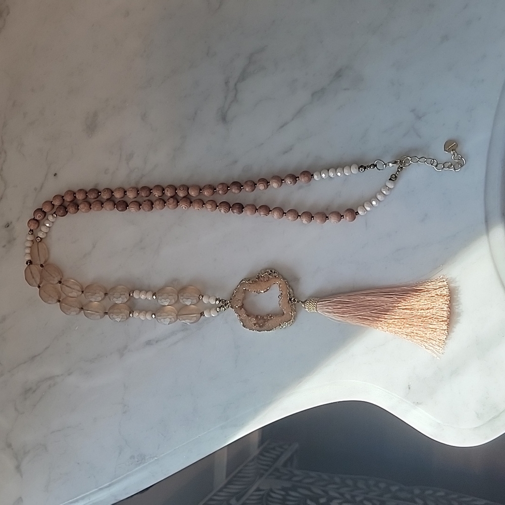 Anthropologie Nakamol Crystal Druzy Beaded Long Necklace Tassel - Picture 3 of 7